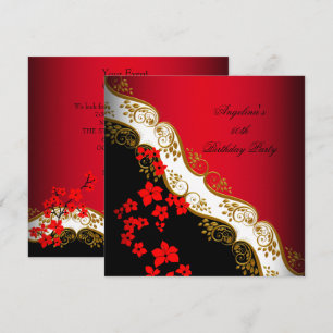 Red Asian Black White Floral Gold Birthday Party Invitation