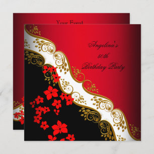 Red Asian Black White Floral Gold Birthday Party Invitation