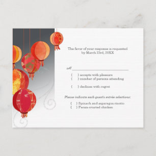 Red Asian Hanging Lanterns Wedding RSVP Invitation Postcard