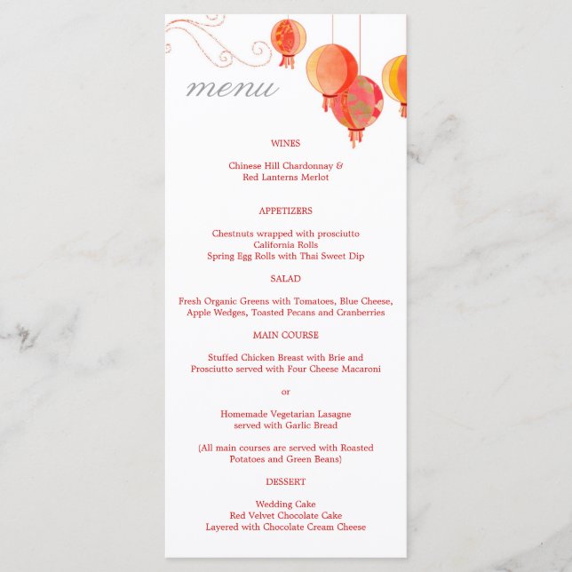 Red Asian Lanterns White Wedding Reception Menu (Front)