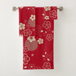 Red Asian pattern with spring flowers Bath Towel Set