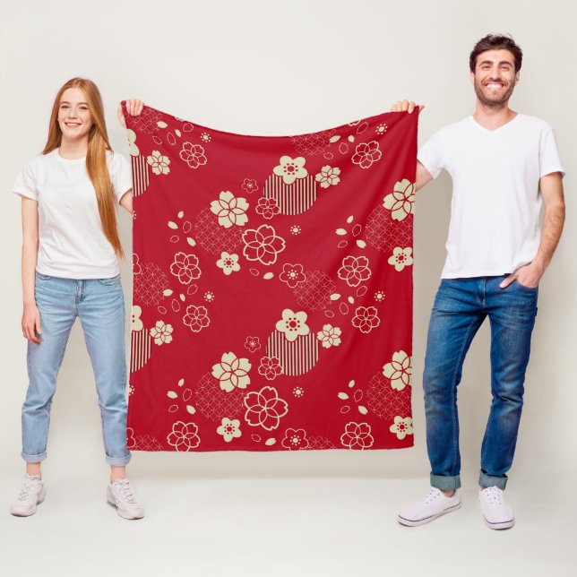 Red Asian pattern with spring flowers Fleece Blanket (In Situ)