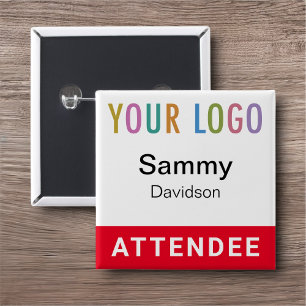 Red Attendee Name Badge Event Logo Pinback Square