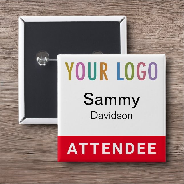 Red Attendee Name Badge Event Logo Pinback Square (MISOOK Square Pin Back Name Button for Attendee with Logo Red)