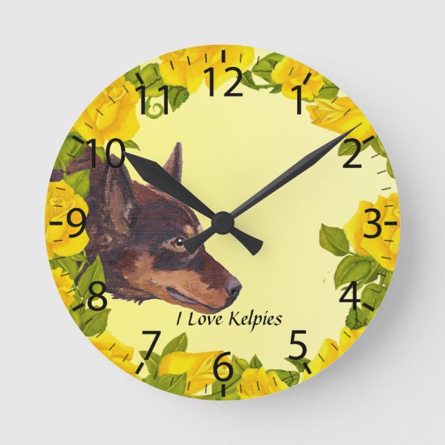 Red Australian Kelpie on Yellow Roses Round Clock (Front)