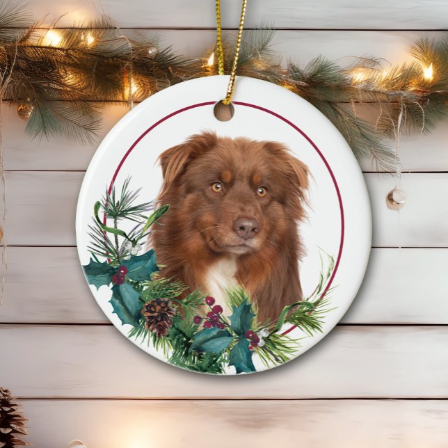 Red Australian Shepherd Dog Evergreen Berry Wreath Ceramic Ornament (Creator Uploaded)