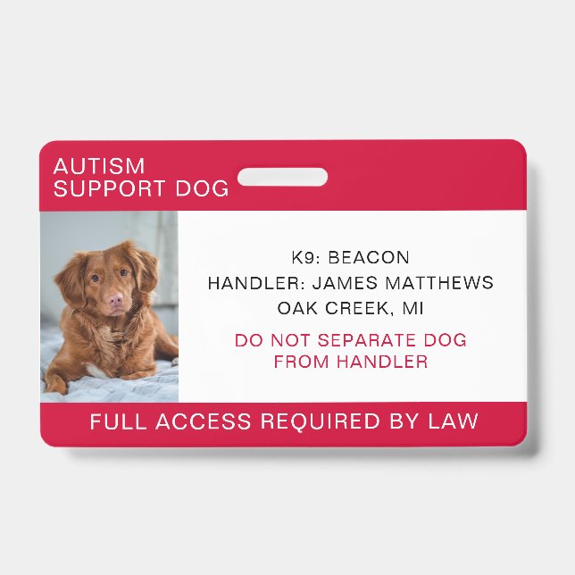 Red Autism Support Dog Photo ID Badge (Front)