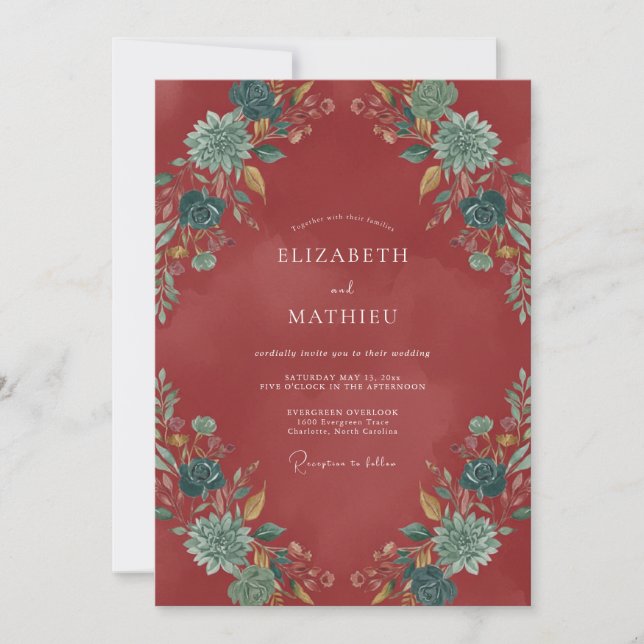 Red Autumn Floral Romance Wedding Invitation (Front)