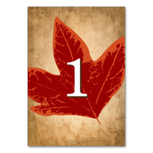 Red Autumn Leaves Table Numbers Fall Wedding