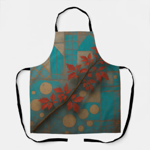 Red Autumn Leaves Turquoise Geometric Mosaic Apron