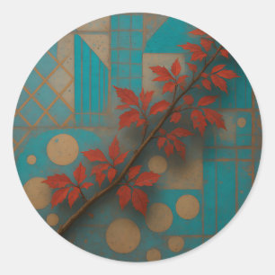 Red Autumn Leaves Turquoise Geometric Mosaic Classic Round Sticker