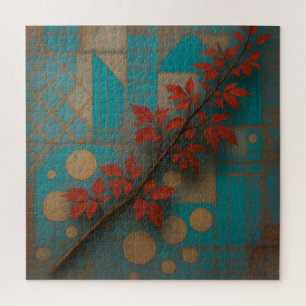 Red Autumn Leaves Turquoise Geometric Mosaic Jigsaw Puzzle