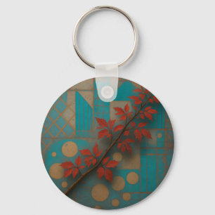 Red Autumn Leaves Turquoise Geometric Mosaic Key Ring