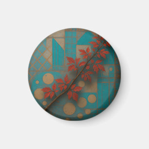 Red Autumn Leaves Turquoise Geometric Mosaic Magnet