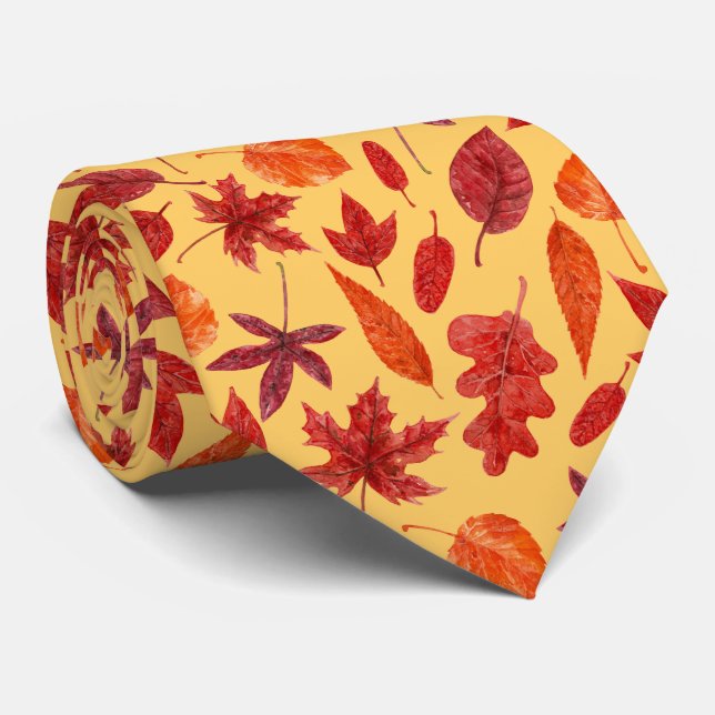 Red autumn leaves watercolor neck tie (Rolled)