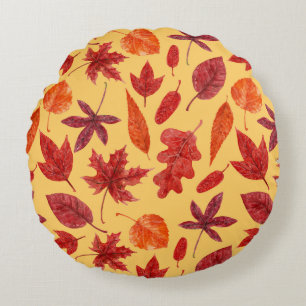 Red autumn leaves watercolor round cushion