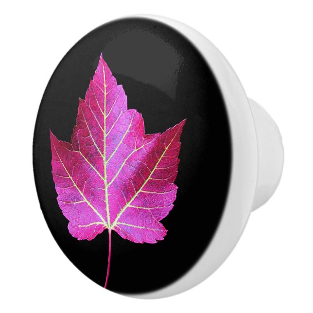 Red Autumn Maple Leaf on Black Background Ceramic Knob (Right)