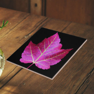 Red Autumn Maple Leaf on Black Background Ceramic Tile