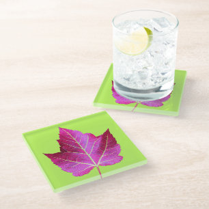 Red Autumn Maple Leaf on Green Background Glass Coaster