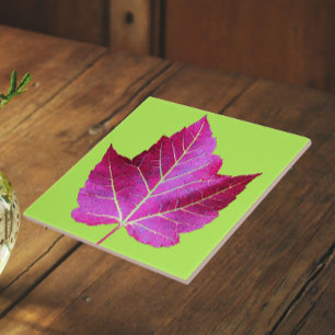 Red Autumn Maple Leaf on Green Floral Ceramic Tile