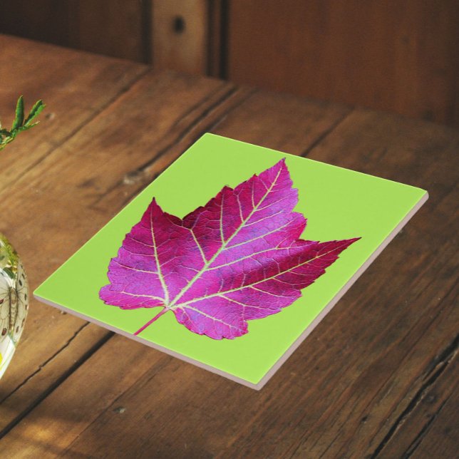 Red Autumn Maple Leaf on Green Floral Ceramic Tile (In Situ)