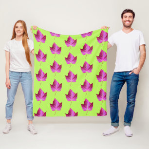 Red Autumn Maple Leaf Pattern on Green Background Fleece Blanket