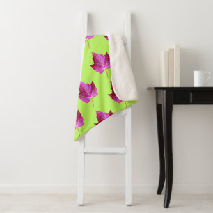 Red Autumn Maple Leaf Pattern on Green Floral Sherpa Blanket