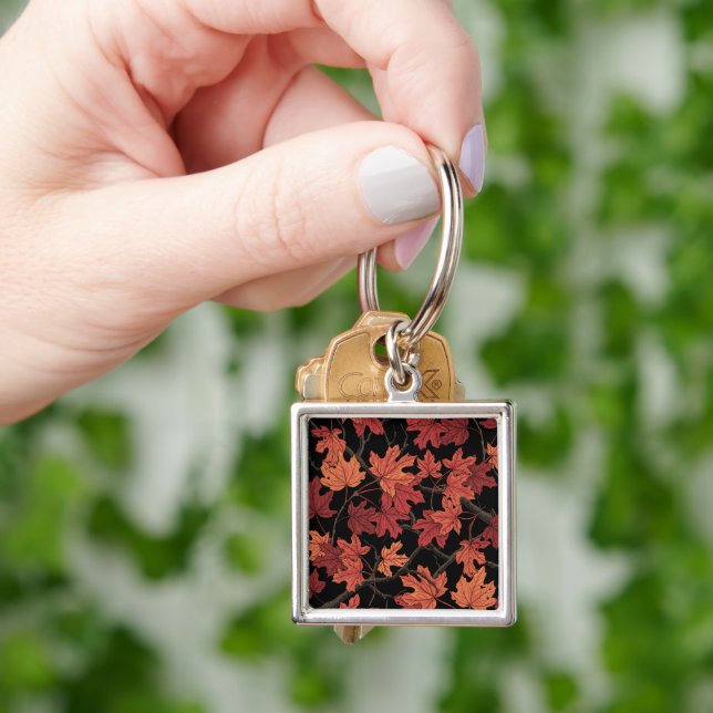 Red Autumn maple leaves on black Key Ring (Hand)