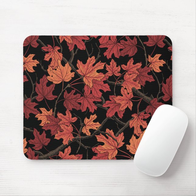 Red Autumn maple leaves on black Mouse Pad (With Mouse)
