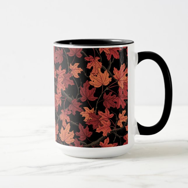 Red Autumn maple leaves on black Mug (Right)