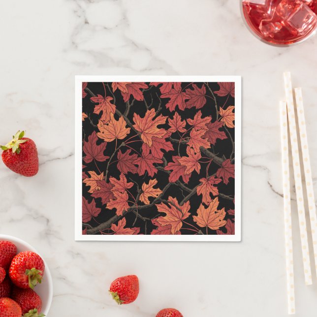Red Autumn maple leaves on black Napkin (Insitu)