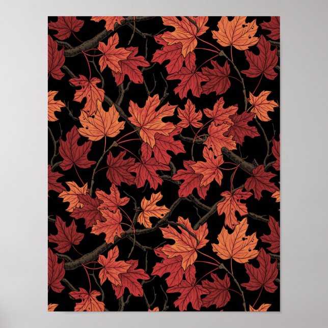 Red Autumn maple leaves on black Poster (Front)