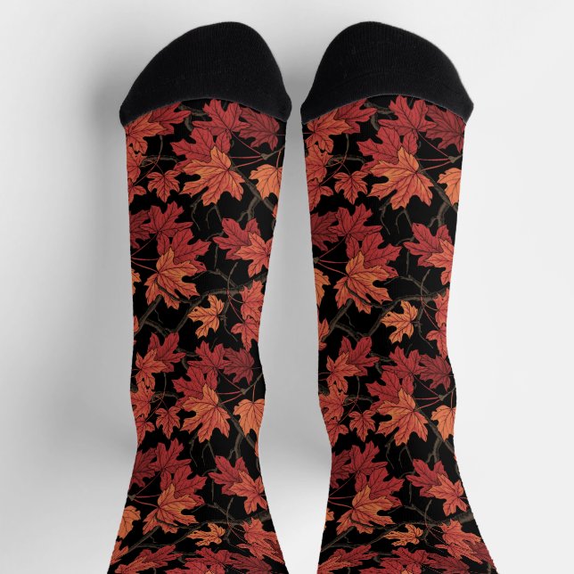 Red Autumn maple leaves on black Socks (Top)