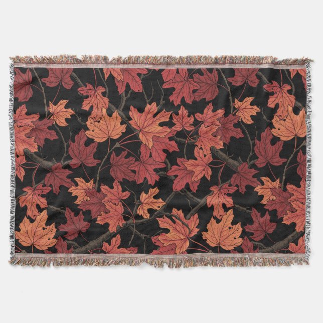 Red Autumn maple leaves on black Throw Blanket (Front)