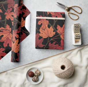 Red Autumn maple leaves on black Wrapping Paper
