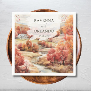 Red Autumn River Forest Fall Wedding Napkin