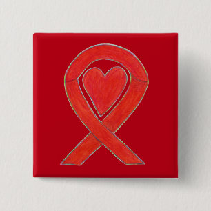 Red Awareness Ribbon Heart Custom Pin Buttons