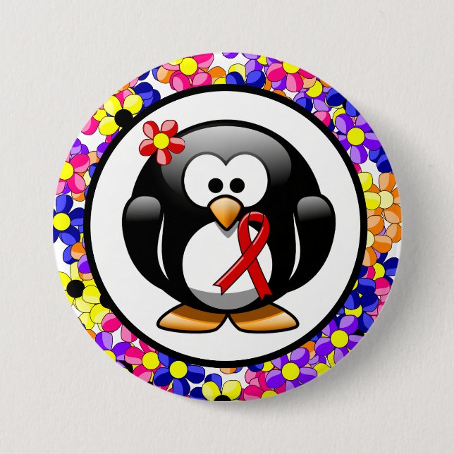 Red Awareness Ribbon Penguin 7.5 Cm Round Badge (Front)