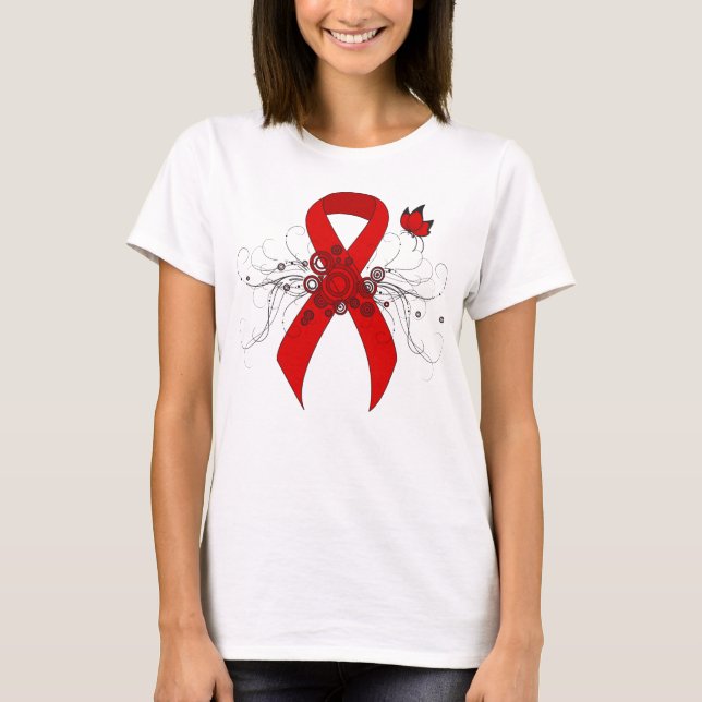 Red Awareness Ribbon with Butterfly T-Shirt (Front)