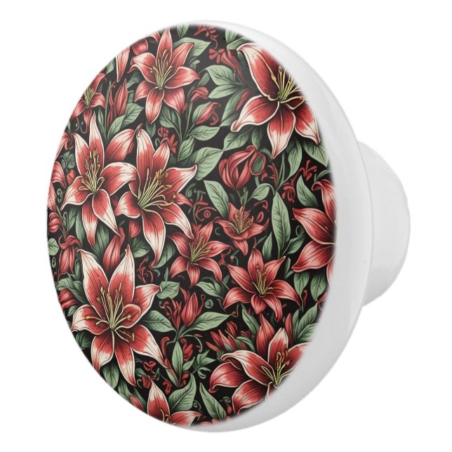 Red Aztec Lily Pattern  Ceramic Knob (Right)