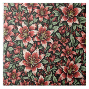Red Aztec Lily Pattern  Ceramic Tile