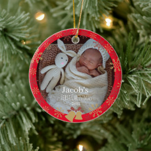 Red Baby Christmas photo snowflake Ceramic Ornament