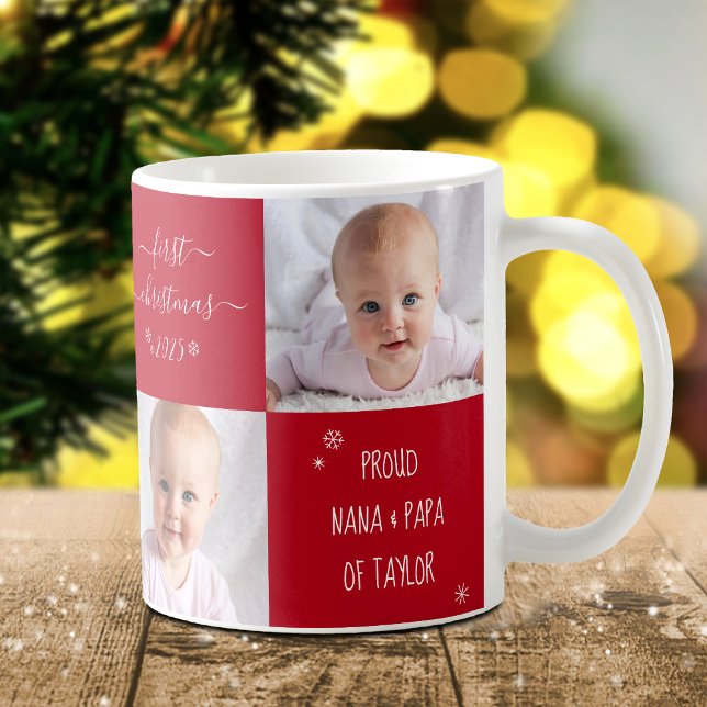 Red Baby First Christmas Grandparents 2 Photo Name Coffee Mug (Creator Uploaded)