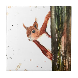 Red Baby Squirrel watercolor Animal Wildlife Ceramic Tile