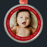 Red Baby's First Christmas 1 photo Birth date Metal Ornament<br><div class="desc">Celebrate your little one's first holiday with this Red Baby's First Christmas 1-Photo Birth Date Holiday Ornament. This adorable keepsake features a space to personalise with your baby's photo and birth date, making it a cherished memory to hang on your Christmas tree year after year. The classic red design and...</div>