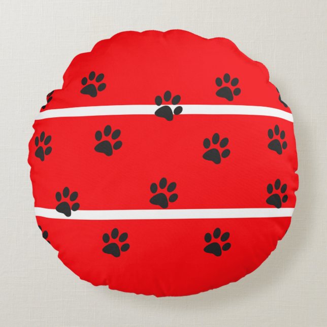 Red background black cat paws round cushion (Front)