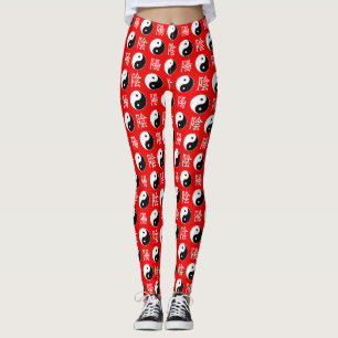 Red Background Chinese Yinyang Pattern Leggings