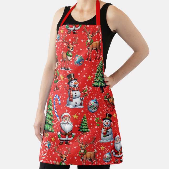Red Background Christmas Decorative Pattern Apron (Creator Uploaded)