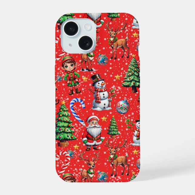 Red Background Christmas Decorative Pattern iPhone 15 Case (Back)