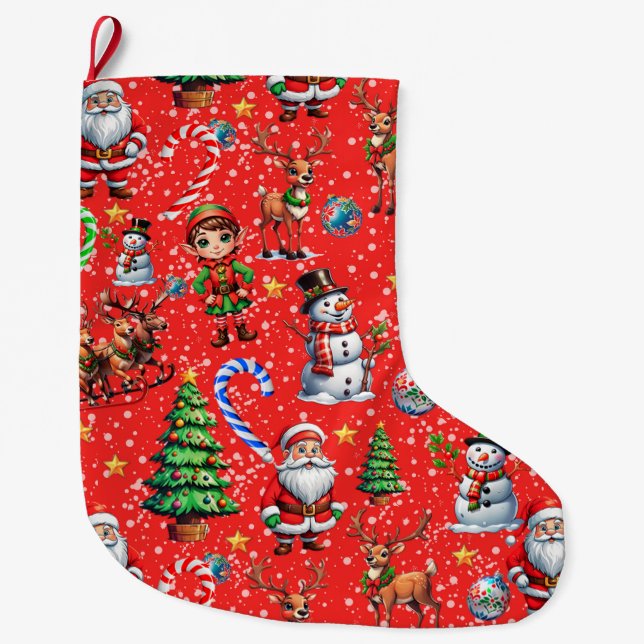 Red Background Christmas Decorative Pattern Large Christmas Stocking (Front)